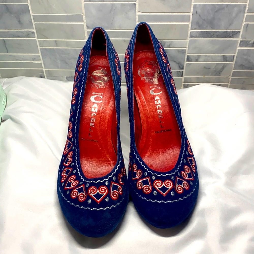Jeffrey Campbell blue suede heart heel